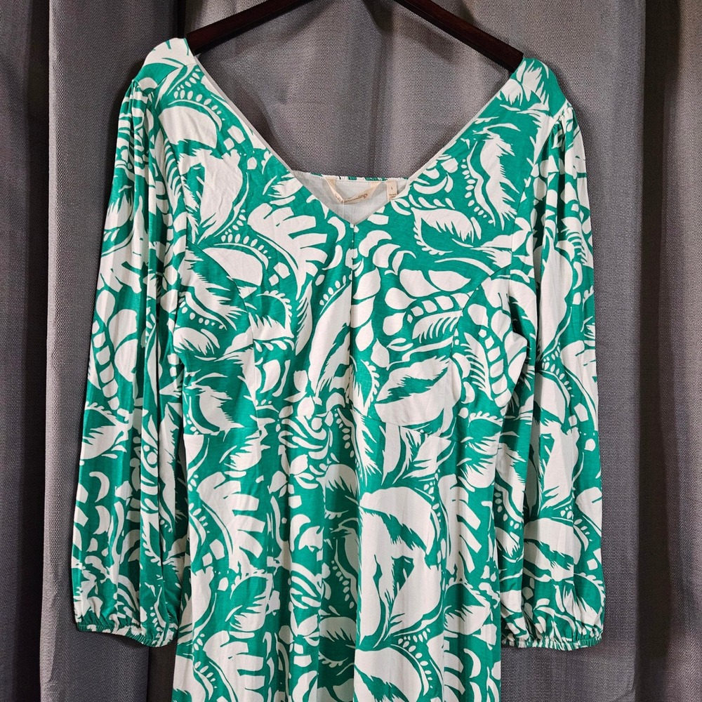 Soft Surroundings Baru Dress Green White Tropical Palm Leaf Maxi L 14-16 NEW